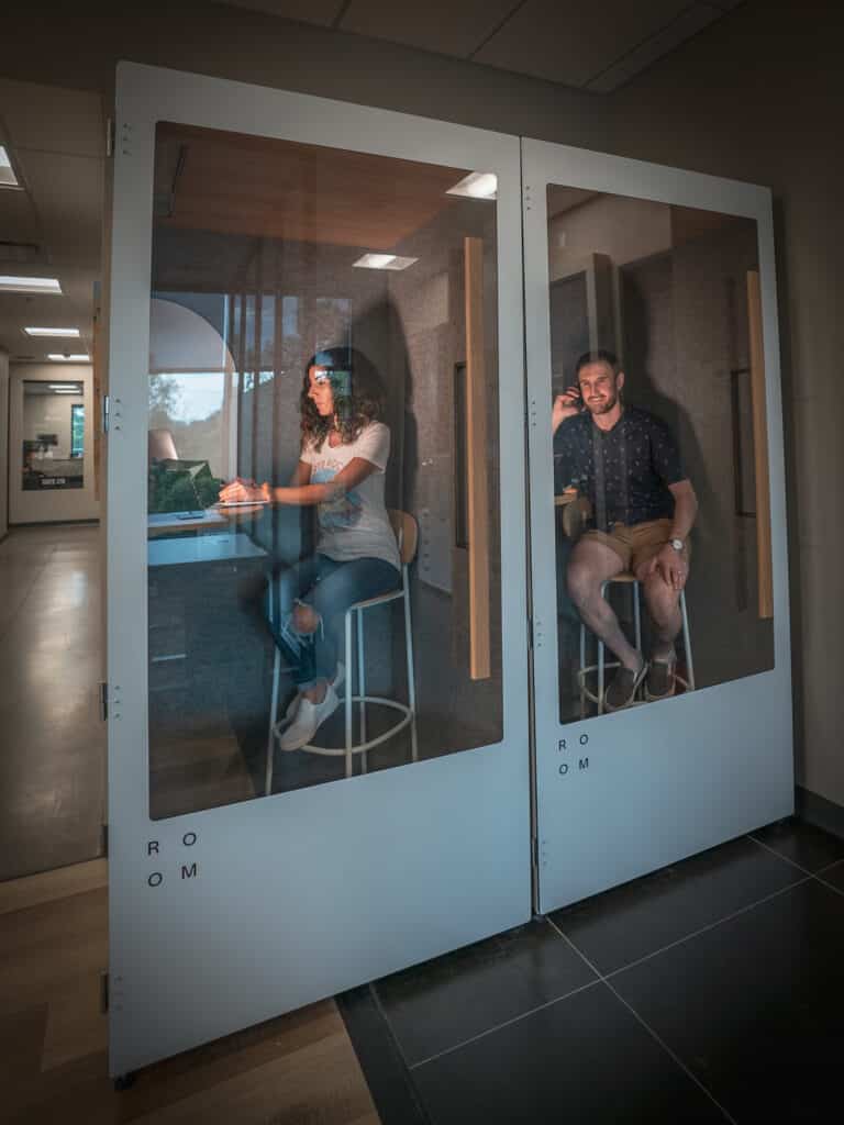 Phone booths at Creative Density. A reason we were named a top coworking space in Denver by Travel Mag.